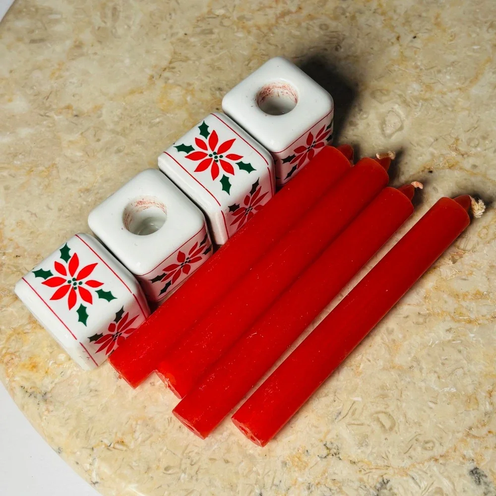 Vintage Christmas Poinsettia Ceramic Candle Holders Set of 4 Red Taper Candles‎
